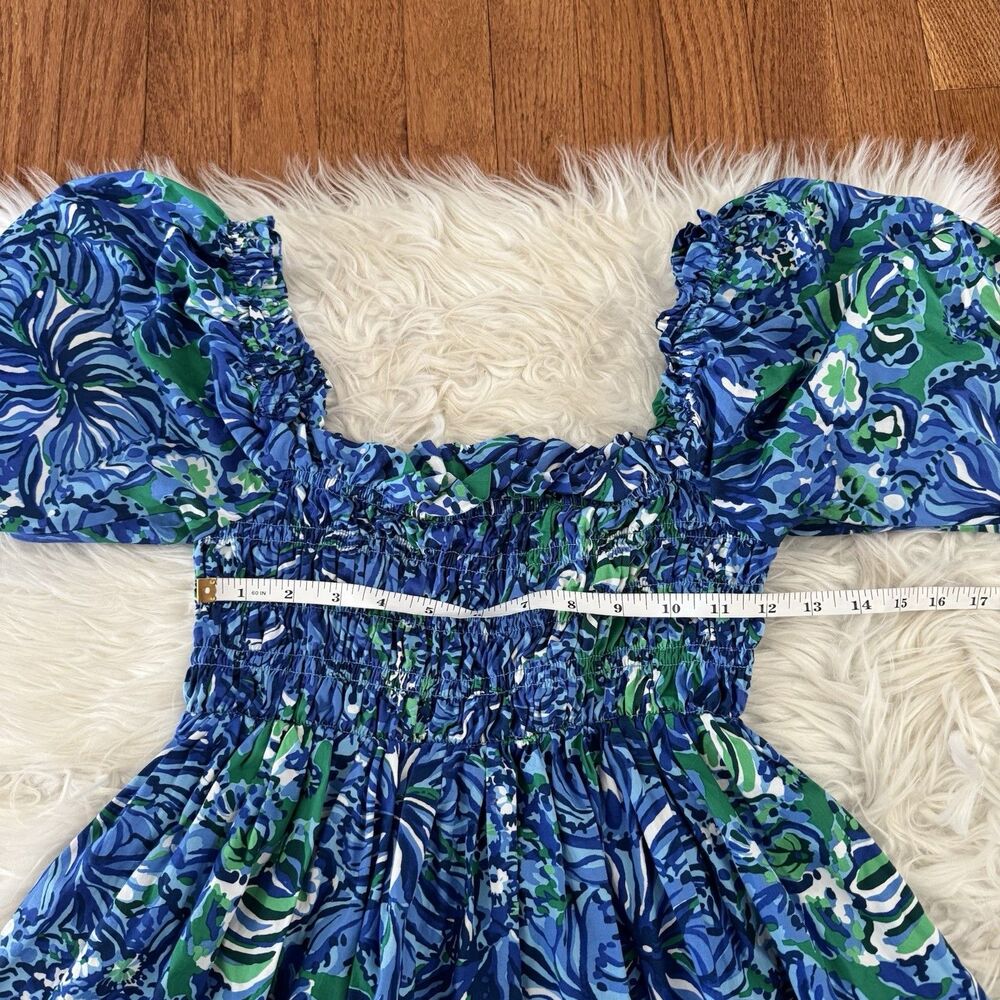 Lilly Pulitzer Beyonca Smocked Floral Mini Dress Women’s Small Blue Green Pocket - Picture 7 of 13